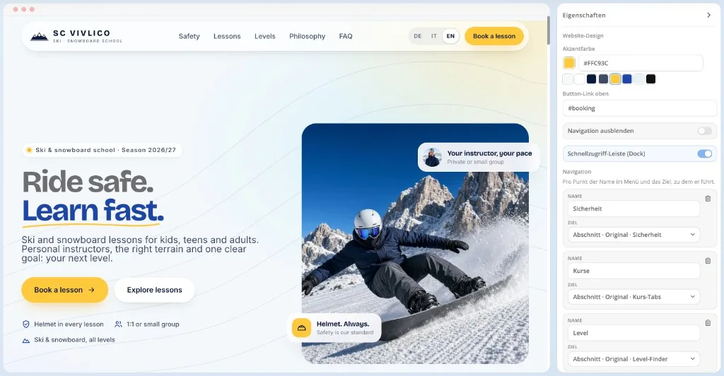 Vivlico Website-Builder für Vereine und Skischulen